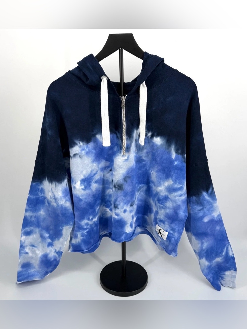 Calvin Klein Jeans Hoodie Women XL Blue Tie Dye Cropped Pullover Zip Neck NWT - Picture 3 of 13
